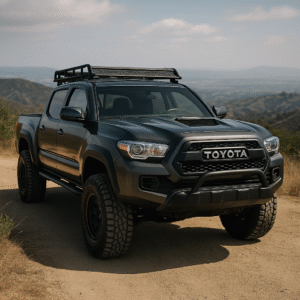 ustomized used Toyota Tacoma parked on a scenic overlook with off-road tires, lifted suspension, and rugged accessories, captured in high-resolution daylight.