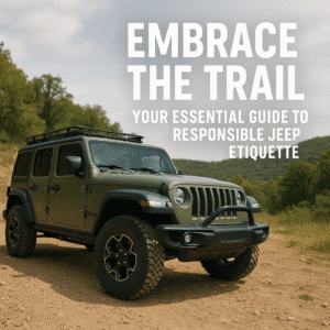Olive green Jeep Wrangler parked on a dusty off-road trail surrounded by trees and hills, with bold text reading 'Embrace the Trail: Your Essential Guide to Responsible Jeep Etiquette'.