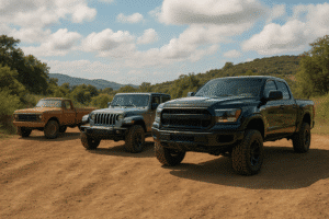 Three off-road vehicles — a modern black lifted truck, a gray Jeep Wrangler, and a vintage orange-brown truck — parked on a rugged trail surrounded by rolling green hills under a partly cloudy sky.