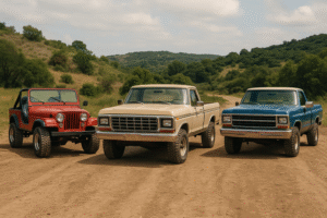 1970s Jeep CJ, a 1980s Ford F-Series pickup, and a Chevy K10 parked on a rugged dirt trail in a scenic outdoor setting. The vehicles should look authentic to the era, complete with period-correct paint, wheels, and slight wear